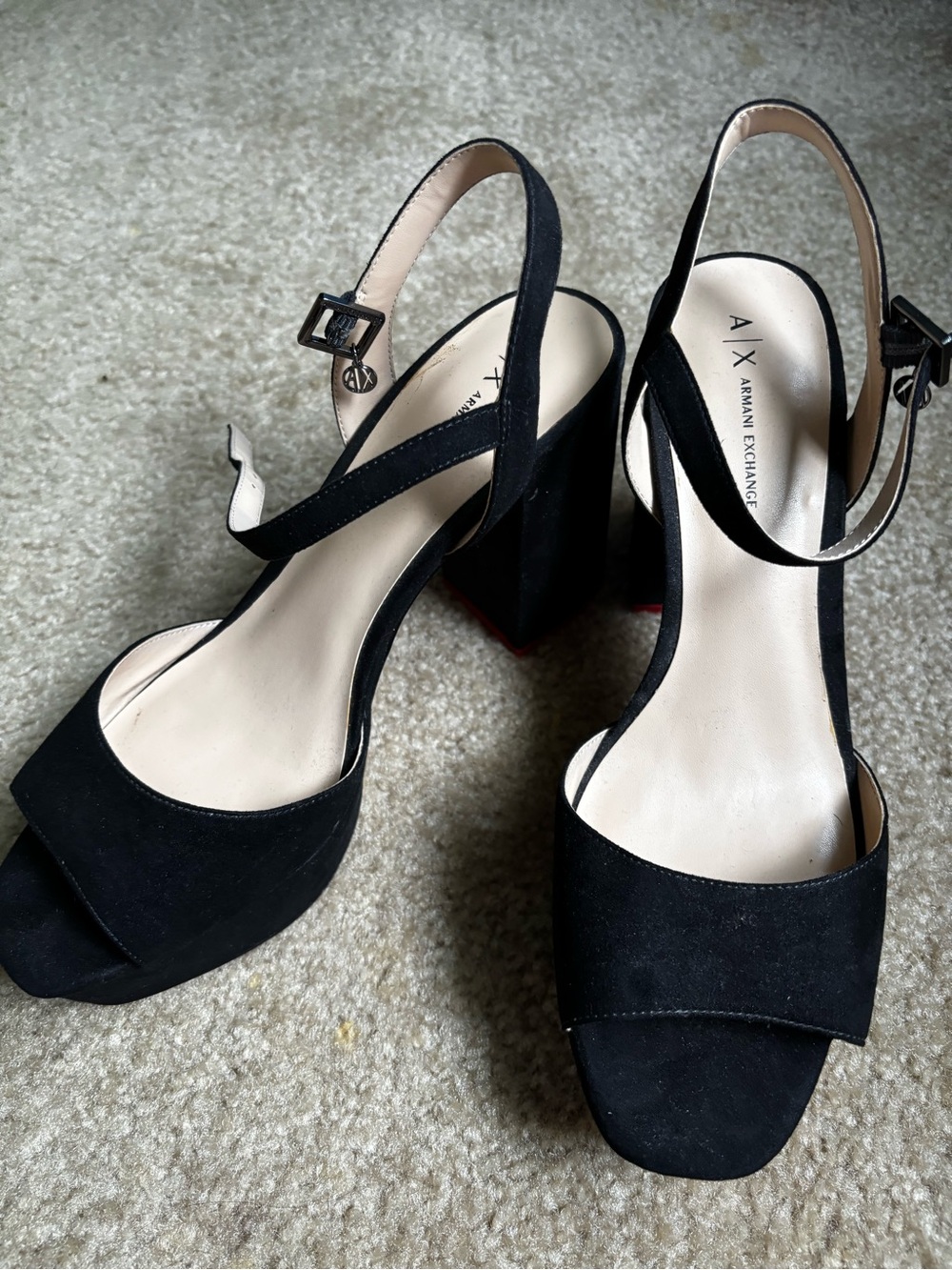 Armani Exchange Black Suede Open-Toe Block Heel Sandals